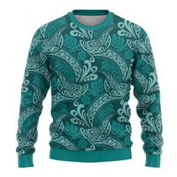 Teal Monstera Ugly Christmas Sweater Polynesian Tribal Pattern - Polynesian Pride