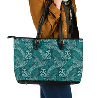 Teal Monstera Leather Tote Bag Polynesian Tribal Pattern - Polynesian Pride