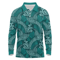 Teal Monstera Long Sleeve Polo Shirt Polynesian Tribal Pattern - Polynesian Pride