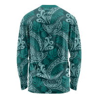 Teal Monstera Long Sleeve Shirt Polynesian Tribal Pattern - Polynesian Pride