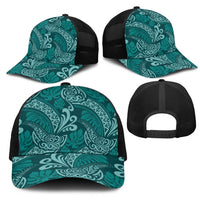 Teal Monstera Mesh Trucker Cap Polynesian Tribal Pattern - Polynesian Pride