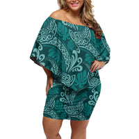 Teal Monstera Off Shoulder Short Dress Polynesian Tribal Pattern - Polynesian Pride