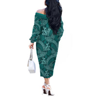 Teal Monstera Off The Shoulder Long Sleeve Dress Polynesian Tribal Pattern - Polynesian Pride