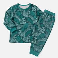 Teal Monstera Christmas Pajama Set Polynesian Tribal Pattern - Polynesian Pride