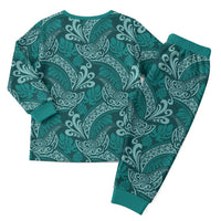 Teal Monstera Christmas Pajama Set Polynesian Tribal Pattern - Polynesian Pride