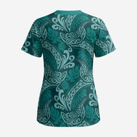 Teal Monstera Scrub Top Polynesian Tribal Pattern - Polynesian Pride