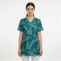 Teal Monstera Scrub Top Polynesian Tribal Pattern - Polynesian Pride