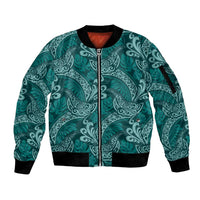 Teal Monstera Sleeve Zip Bomber Jacket Polynesian Tribal Pattern - Polynesian Pride