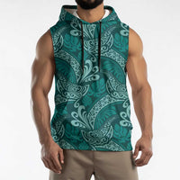 Teal Monstera Sleeveless Hoodie Polynesian Tribal Pattern - Polynesian Pride