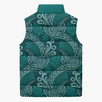 Teal Monstera Sleeveless Puffer Jacket Polynesian Tribal Pattern - Polynesian Pride