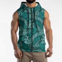 Teal Monstera Sleeveless Zip Hoodie Polynesian Tribal Pattern - Polynesian Pride