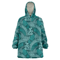 Teal Monstera Wearable Blanket Hoodie Polynesian Tribal Pattern - Polynesian Pride