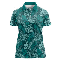 Teal Monstera Women Polo Shirt Polynesian Tribal Pattern - Polynesian Pride