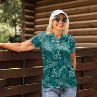 Teal Monstera Women Polo Shirt Polynesian Tribal Pattern - Polynesian Pride