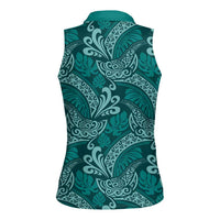 Teal Monstera Women Sleeveless Polo Shirt Polynesian Tribal Pattern - Polynesian Pride