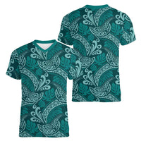 Teal Monstera Women V-Neck T-Shirt Polynesian Tribal Pattern - Polynesian Pride