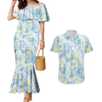 Anthurium Plumeria Lei Pastel Couples Matching Mermaid Dress and Hawaiian Shirt Blue Hawaiian Splendid Palaka