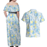 Anthurium Plumeria Lei Pastel Couples Matching Off Shoulder Maxi Dress and Hawaiian Shirt Blue Hawaiian Splendid Palaka