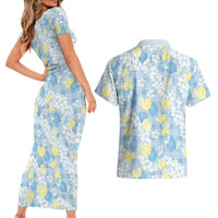 Anthurium Plumeria Lei Pastel Couples Matching Short Sleeve Bodycon Dress and Hawaiian Shirt Blue Hawaiian Splendid Palaka