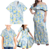 Anthurium Plumeria Lei Pastel Family Matching Off Shoulder Maxi Dress and Hawaiian Shirt Blue Hawaiian Splendid Palaka