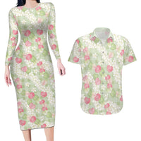 Anthurium Plumeria Lei Pastel Couples Matching Long Sleeve Bodycon Dress and Hawaiian Shirt Green Hawaiian Splendid Palaka