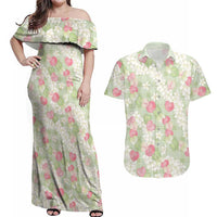 Anthurium Plumeria Lei Pastel Couples Matching Off Shoulder Maxi Dress and Hawaiian Shirt Green Hawaiian Splendid Palaka