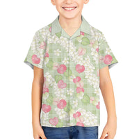 Anthurium Plumeria Lei Pastel Family Matching Off Shoulder Short Dress and Hawaiian Shirt Green Hawaiian Splendid Palaka LT01 Son's Shirt Green - Polynesian Pride