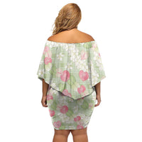 Anthurium Plumeria Lei Pastel Off Shoulder Short Dress Green Hawaiian Splendid Palaka LT01 - Polynesian Pride