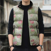 Anthurium Plumeria Lei Pastel Sleeveless Puffer Jacket Green Hawaiian Splendid Palaka