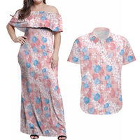 Anthurium Plumeria Lei Pastel Couples Matching Off Shoulder Maxi Dress and Hawaiian Shirt Pink Hawaiian Splendid Palaka
