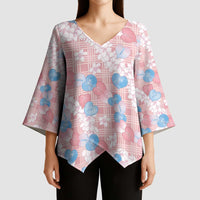 Anthurium Plumeria Lei Pastel Kimono Sleeve Blouse Pink Hawaiian Splendid Palaka