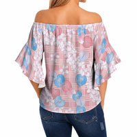 Anthurium Plumeria Lei Pastel Off Shoulder Wrap Waist Top Pink Hawaiian Splendid Palaka LT01 - Polynesian Pride