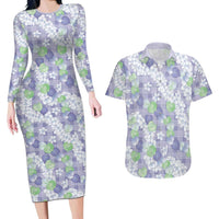Anthurium Plumeria Lei Pastel Couples Matching Long Sleeve Bodycon Dress and Hawaiian Shirt Purple Hawaiian Splendid Palaka