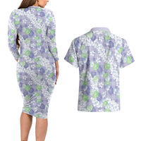 Anthurium Plumeria Lei Pastel Couples Matching Long Sleeve Bodycon Dress and Hawaiian Shirt Purple Hawaiian Splendid Palaka