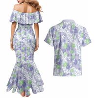 Anthurium Plumeria Lei Pastel Couples Matching Mermaid Dress and Hawaiian Shirt Purple Hawaiian Splendid Palaka