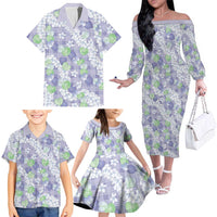 Anthurium Plumeria Lei Pastel Family Matching Off The Shoulder Long Sleeve Dress and Hawaiian Shirt Purple Hawaiian Splendid Palaka
