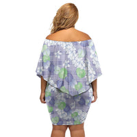 Anthurium Plumeria Lei Pastel Off Shoulder Short Dress Purple Hawaiian Splendid Palaka LT01 - Polynesian Pride