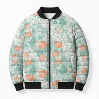 Anthurium Plumeria Lei Pastel Bomber Puffer Jacket Teal Hawaiian Splendid Palaka LT01 Unisex Teal - Polynesian Pride