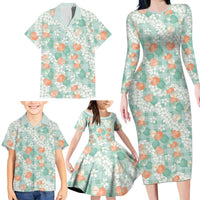 Anthurium Plumeria Lei Pastel Family Matching Long Sleeve Bodycon Dress and Hawaiian Shirt Teal Hawaiian Splendid Palaka