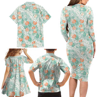 Anthurium Plumeria Lei Pastel Family Matching Long Sleeve Bodycon Dress and Hawaiian Shirt Teal Hawaiian Splendid Palaka