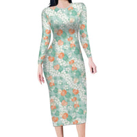 Anthurium Plumeria Lei Pastel Long Sleeve Bodycon Dress Teal Hawaiian Splendid Palaka