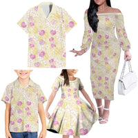 Anthurium Plumeria Lei Pastel Family Matching Off The Shoulder Long Sleeve Dress and Hawaiian Shirt Yellow Hawaiian Splendid Palaka