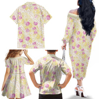 Anthurium Plumeria Lei Pastel Family Matching Off The Shoulder Long Sleeve Dress and Hawaiian Shirt Yellow Hawaiian Splendid Palaka