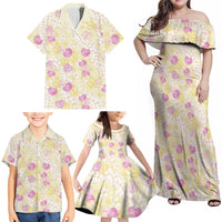 Anthurium Plumeria Lei Pastel Family Matching Off Shoulder Maxi Dress and Hawaiian Shirt Yellow Hawaiian Splendid Palaka
