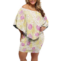 Anthurium Plumeria Lei Pastel Off Shoulder Short Dress Yellow Hawaiian Splendid Palaka LT01 Women Yellow - Polynesian Pride