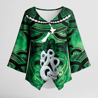 Personalised Maori Matariki Manaia Kakariki Kimono Sleeve Blouse Maori Kowhaiwhai Pattern Galaxy LT01 Female Green - Polynesian Pride