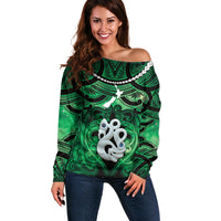 Personalised Maori Matariki Manaia Kakariki Off Shoulder Sweater Maori Kowhaiwhai Pattern Galaxy LT01 Women Green - Polynesian Pride