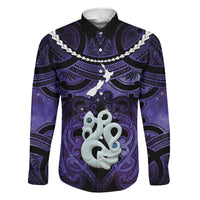 Personalised Maori Matariki Manaia Waiporoporo Family Matching Long Sleeve Bodycon Dress and Hawaiian Shirt Maori Kowhaiwhai Pattern Galaxy LT01 Dad's Shirt - Long Sleeve Purple - Polynesian Pride