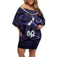 Personalised Maori Matariki Manaia Waiporoporo Family Matching Off Shoulder Short Dress and Hawaiian Shirt Maori Kowhaiwhai Pattern Galaxy LT01 Mom's Dress Purple - Polynesian Pride
