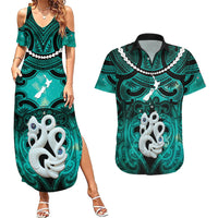Personalised Maori Matariki Manaia Turquoise Couples Matching Summer Maxi Dress and Hawaiian Shirt Maori Kowhaiwhai Pattern Galaxy